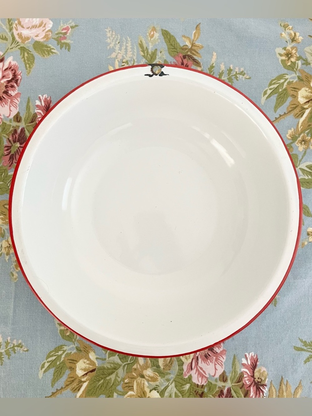 White and Red Rim 12” Enamel Bowl - Vintage Home Dining